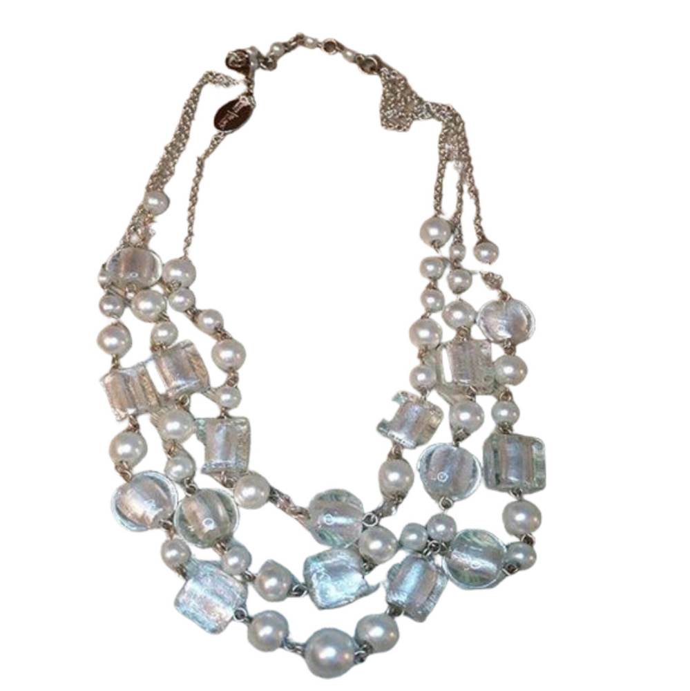 Whbm foil ice art glass and faux pearl multi strand layered statement necklace.